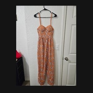 B.O.G. Collective Jumpsuit Small Orange Tropical Floral Palm Leaf Wide Leg Boho